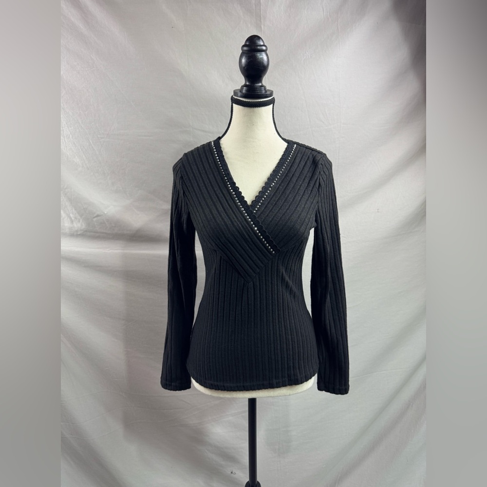 Black Ribbed Long Sleeve Rhinestone Knit - Picture 8 of 9